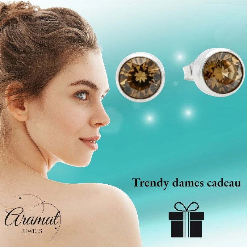 Aramat Jewels zilverkleurige oorstekers met bruin kristal (8mm). Uniseks, gemaakt van roestvrij staal.