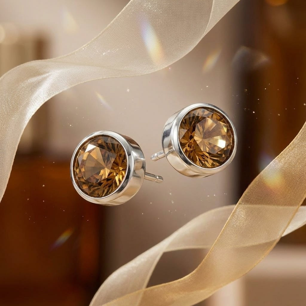 Aramat Jewels zilverkleurige oorstekers met bruin kristal (8mm) van roestvrij staal.