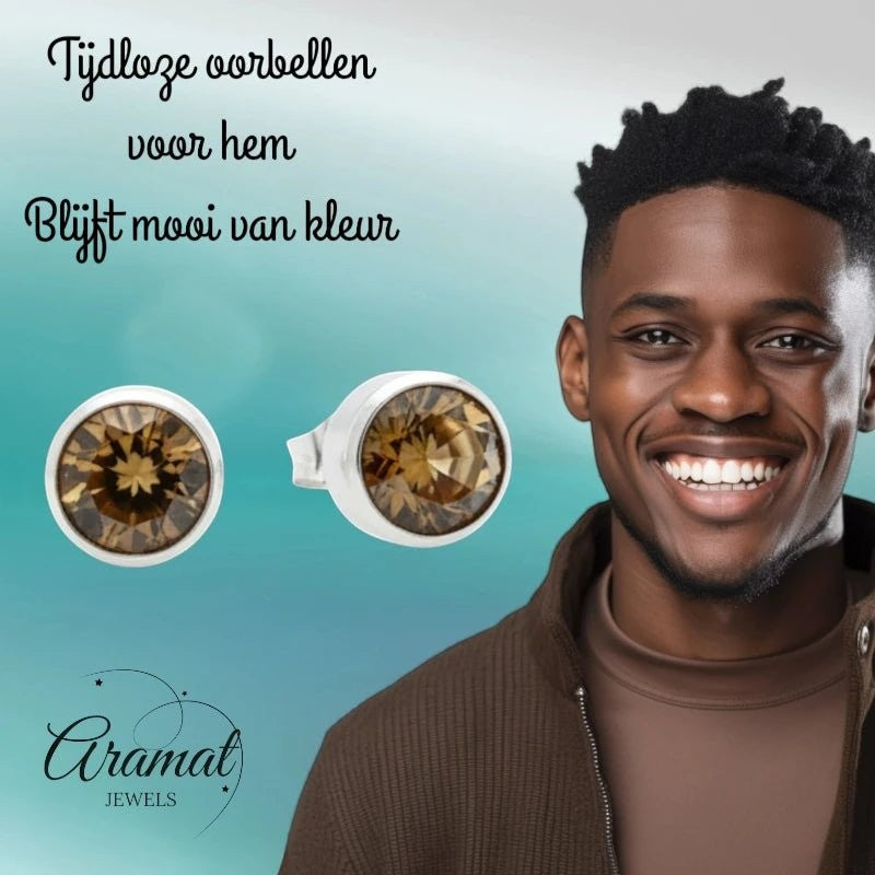 Aramat Jewels zilverkleurige oorstekers met bruin kristal van 8mm, gemaakt van roestvrij staal.