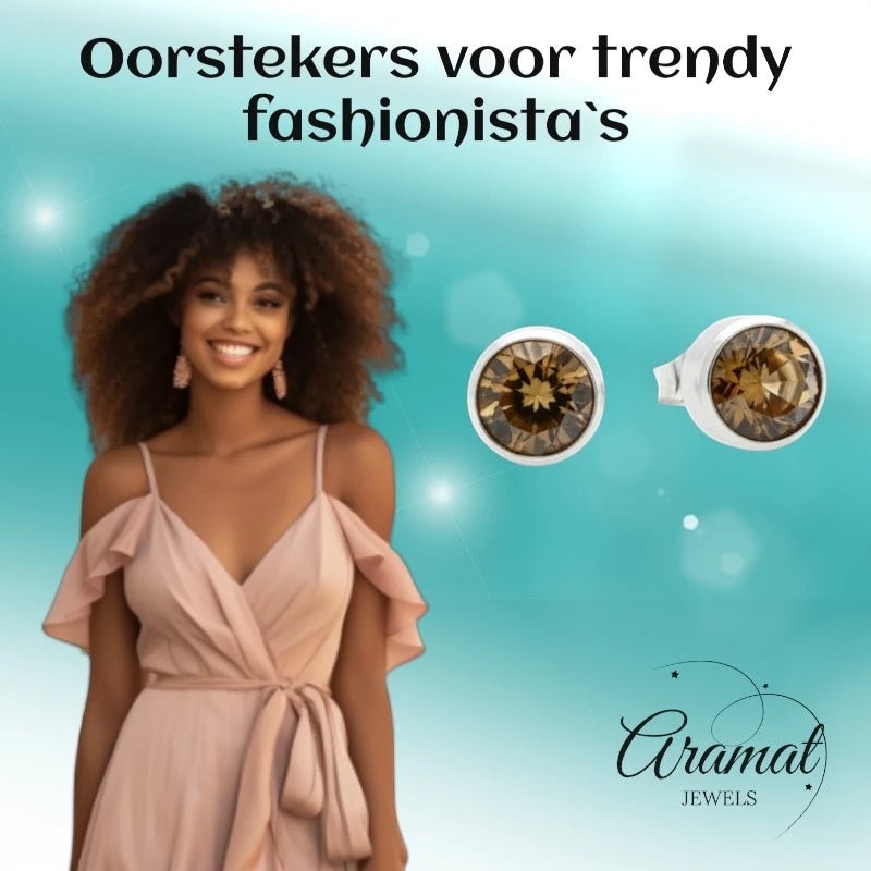 Aramat Jewels zilverkleurige oorstekers met bruin kristal van 8mm, gemaakt van roestvrij staal.
