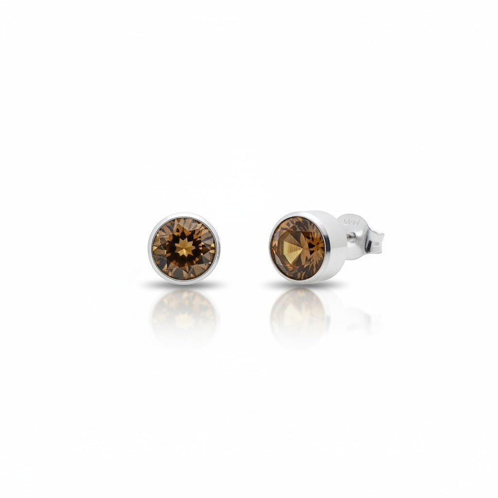 Aramat Jewels zilverkleurige oorstekers met bruin kristal van 8mm, gemaakt van roestvrij staal.