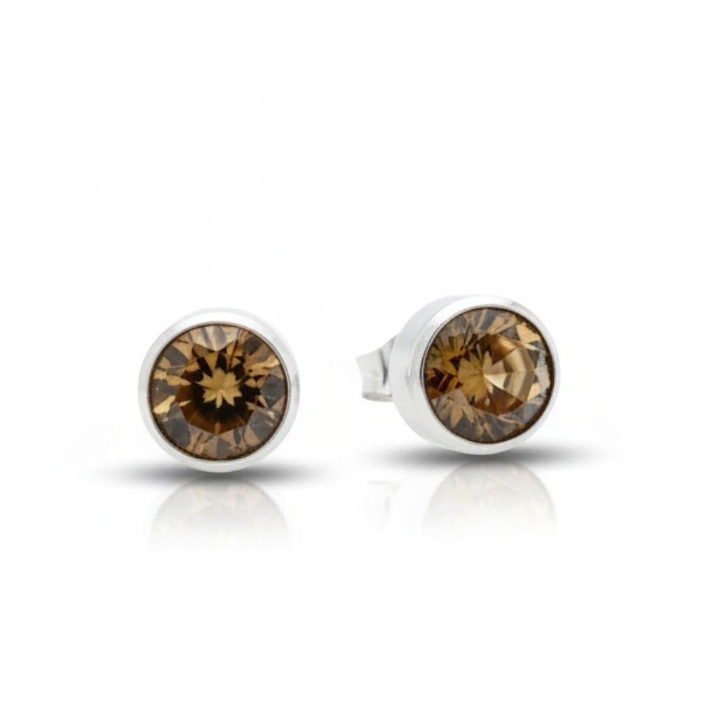 Aramat Jewels zilverkleurige oorstekers met bruin kristal (8mm) van roestvrij staal.