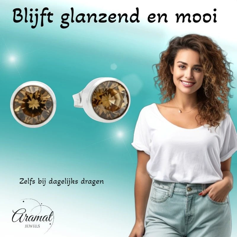 Aramat Jewels zilverkleurige oorstekers met bruin kristal van 8mm, gemaakt van roestvrij staal.