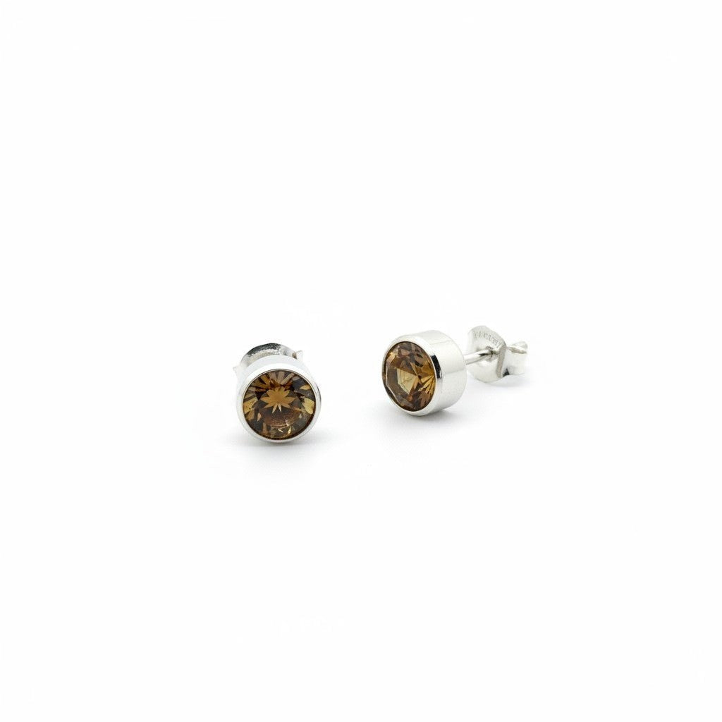 Aramat Jewels zilverkleurige oorstekers met bruin kristal van 8mm, gemaakt van roestvrij staal.