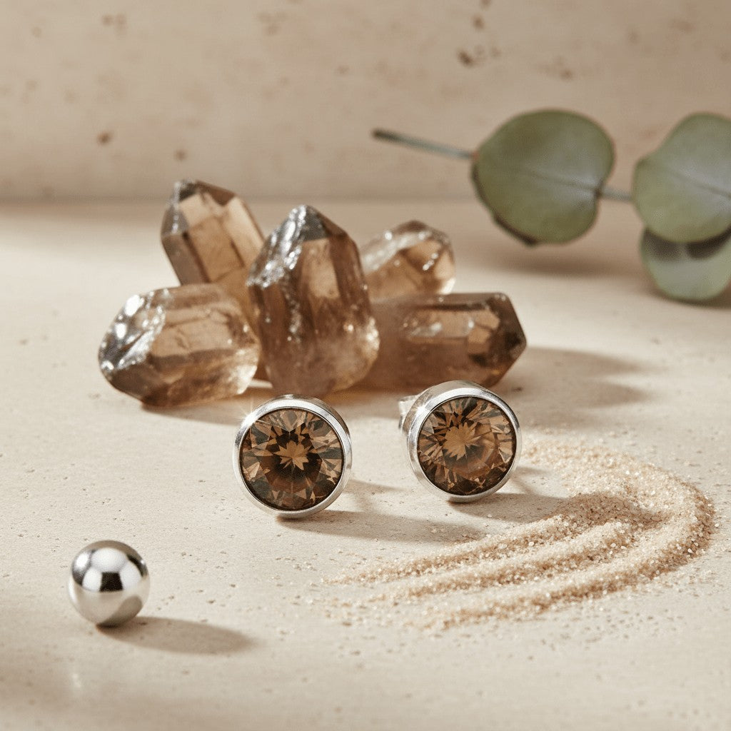 Aramat Jewels zilverkleurige oorstekers met bruin kristal (8mm) van roestvrij staal.