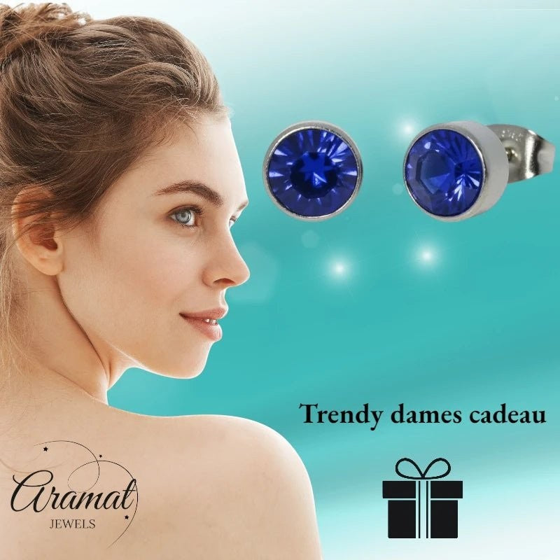 Aramat Jewels zilverkleurige oorstekers met 7mm donkerblauw kristal, gemaakt van roestvrij staal.