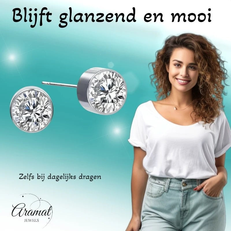 Aramat Jewels zilverkleurige oorstekers met 6mm transparant kristal, uniseks, gemaakt van roestvrij staal.