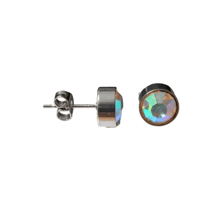 Aramat Jewels zilverkleurige oorstekers met 8mm AB transparant kristal. Uniseks, gemaakt van roestvrij staal.
