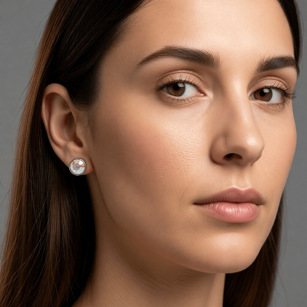 Aramat Jewels zilverkleurige oorstekers met 8mm AB transparant kristal, gemaakt van roestvrij staal.