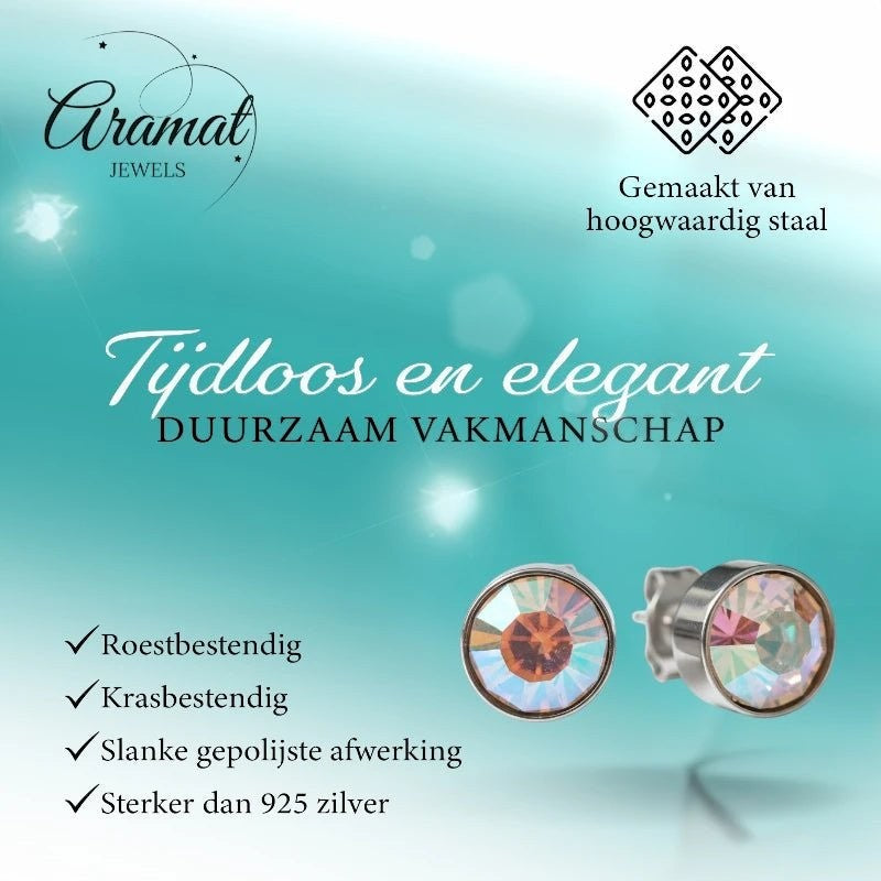 Aramat Jewels zilverkleurige oorstekers met 8mm AB transparant kristal, gemaakt van roestvrij staal.