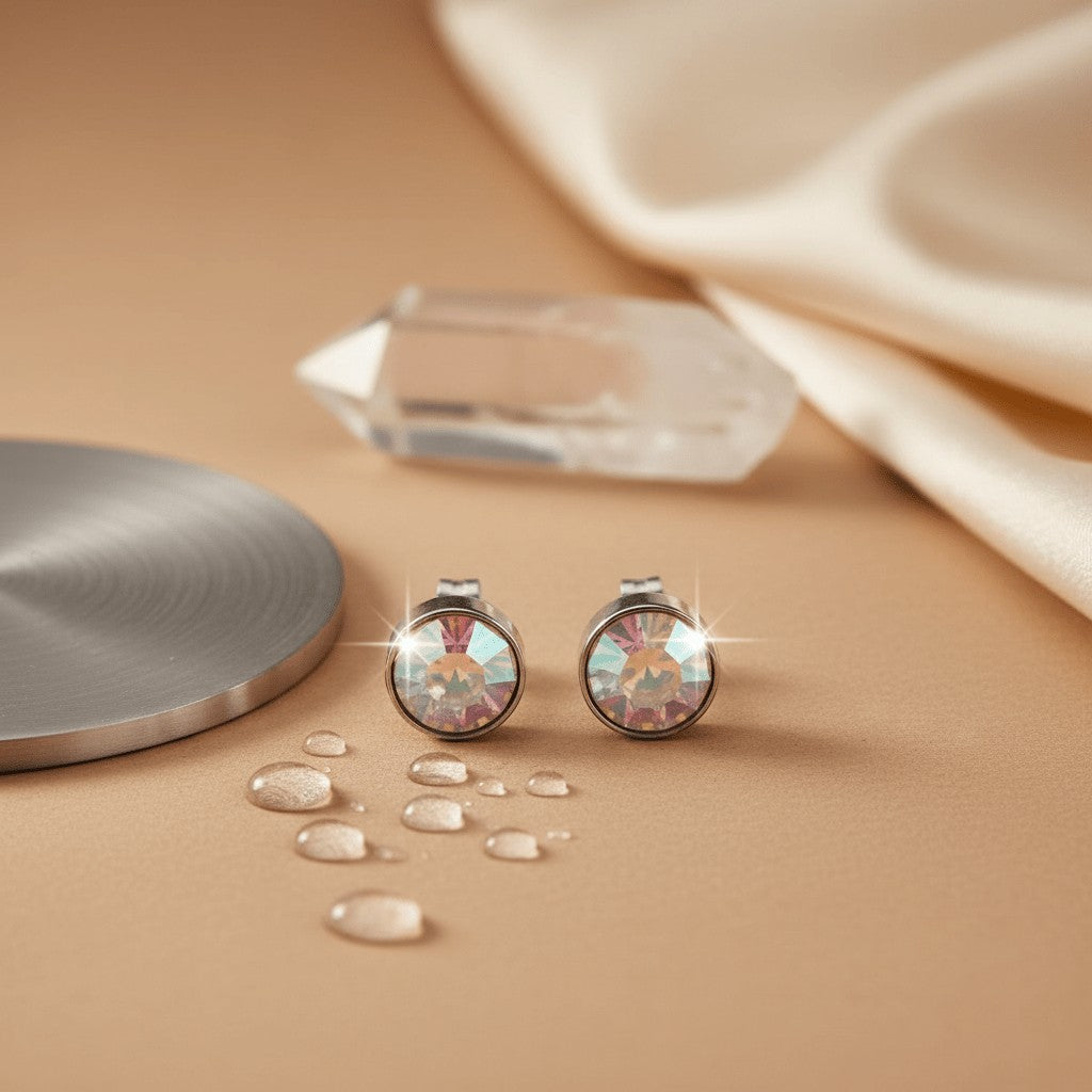 Aramat Jewels zilverkleurige oorstekers met 8mm AB transparant kristal, gemaakt van roestvrij staal.
