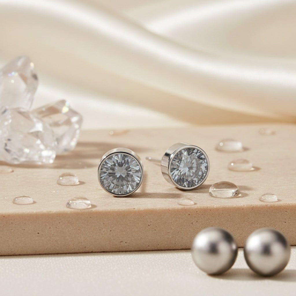 Aramat Jewels zilverkleurige oorstekers met grijs kristal (6mm) van roestvrij staal.