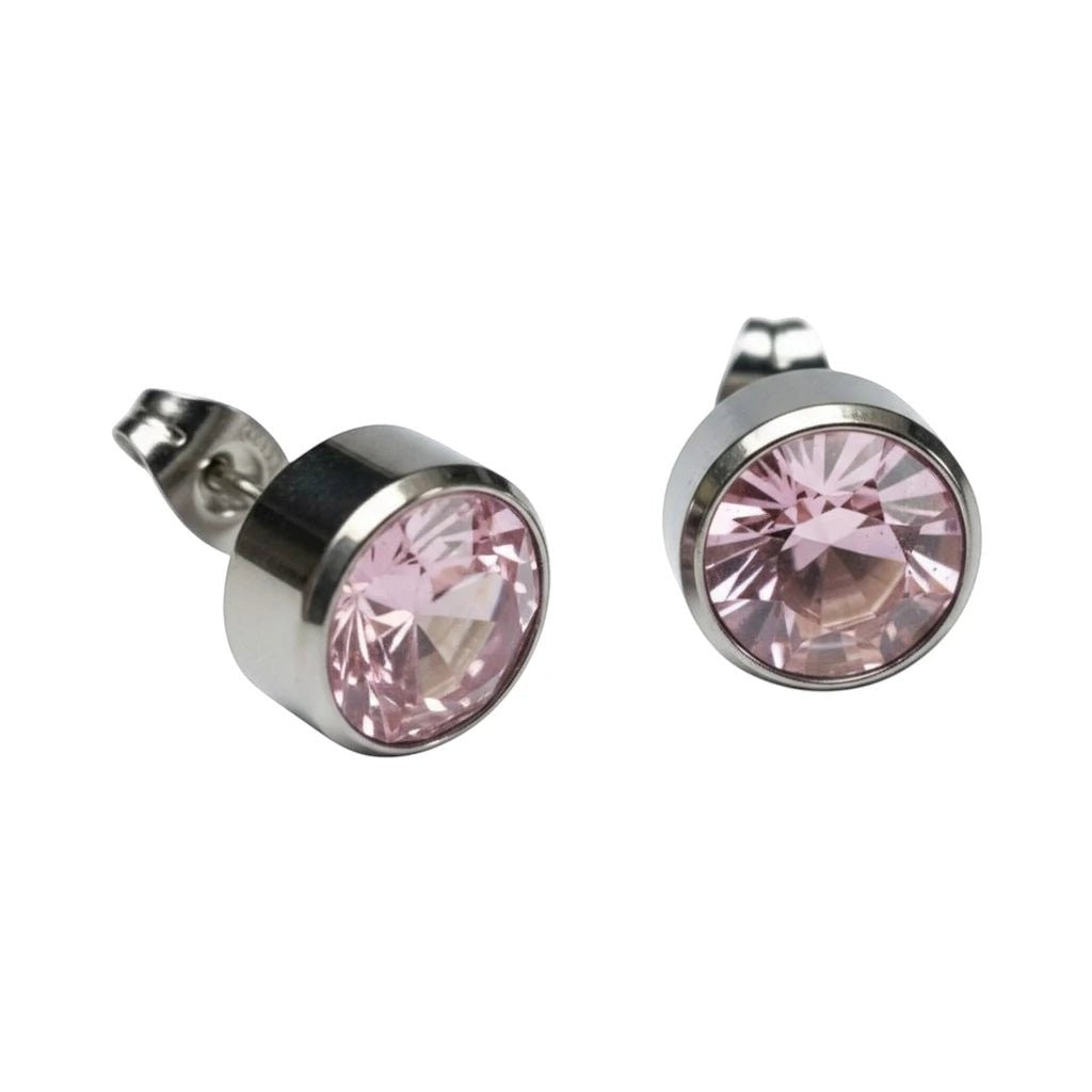 Aramat Jewels zilverkleurige oorstekers met een 10mm roze kristal, gemaakt van roestvrij staal.