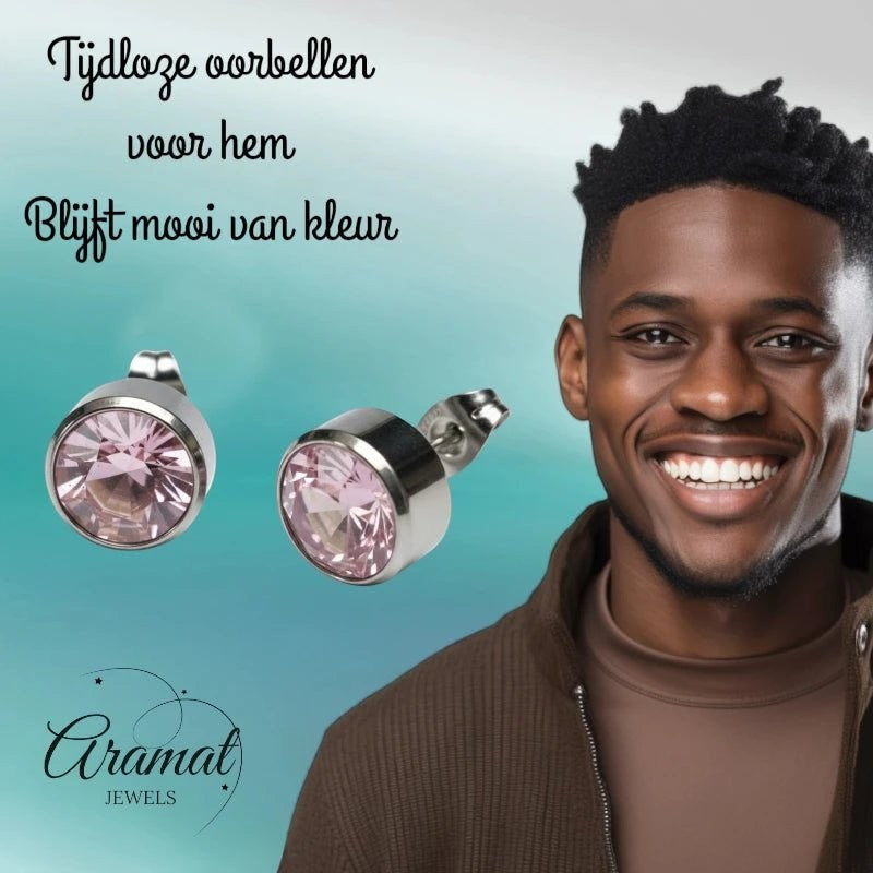 Aramat Jewels zilverkleurige oorstekers met roze kristal (10mm), gemaakt van roestvrij staal.