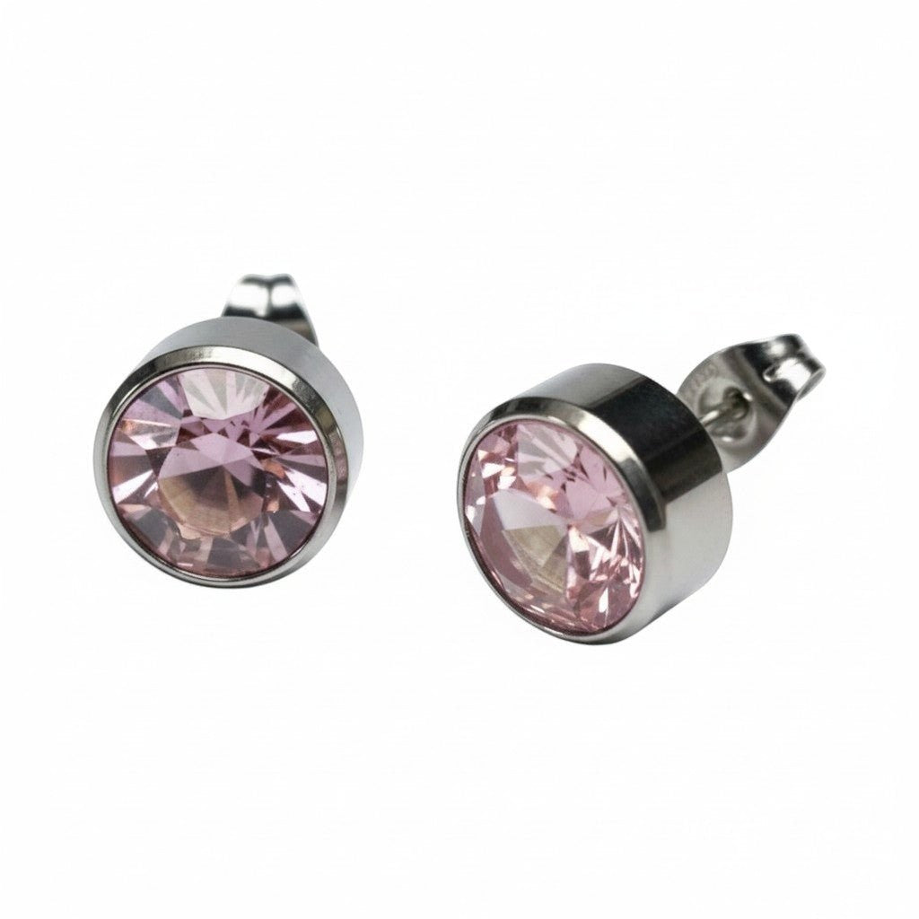 Aramat Jewels zilverkleurige oorstekers met een 10mm roze kristal, gemaakt van roestvrij staal.