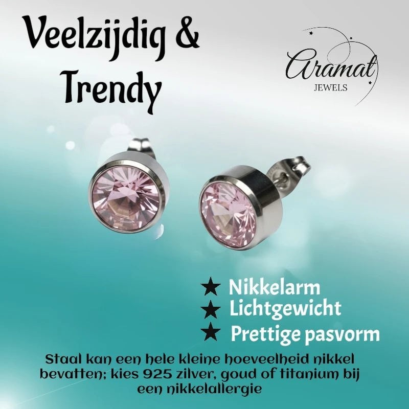 Aramat Jewels zilverkleurige oorstekers met een 10mm roze kristal, gemaakt van roestvrij staal.