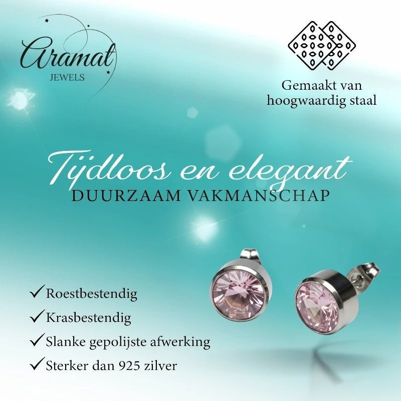 Aramat Jewels zilverkleurige oorstekers met 10mm roze kristal, gemaakt van roestvrij staal.