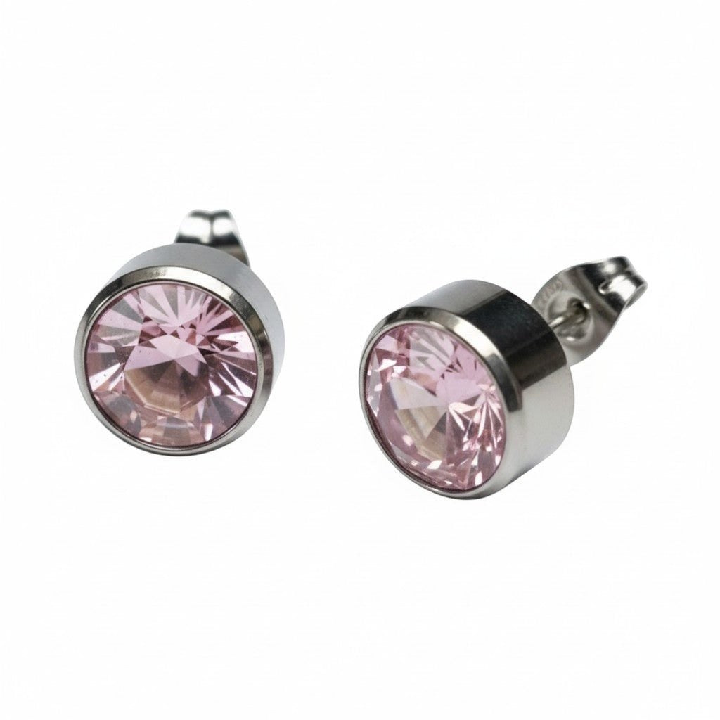 Aramat Jewels zilverkleurige oorstekers met een 10mm roze kristal, gemaakt van roestvrij staal.