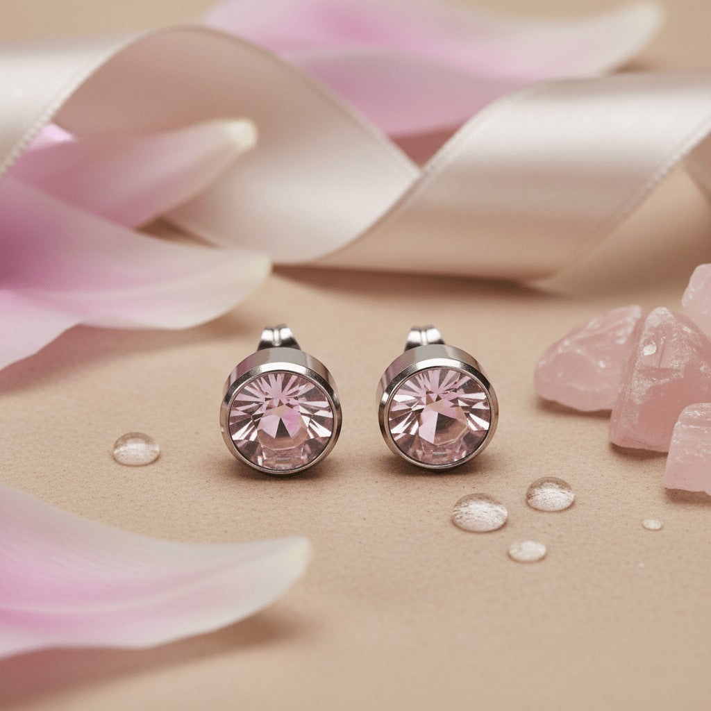 Aramat Jewels zilverkleurige oorstekers met 10mm roze kristal, gemaakt van roestvrij staal.