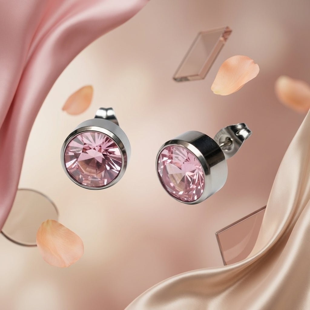 Aramat Jewels zilverkleurige oorstekers met roze kristal (10mm) van roestvrij staal, uniseks.