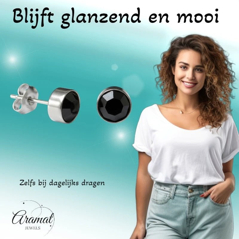 Aramat Jewels zilverkleurige oorstekers met 8mm zwart kristal, gemaakt van roestvrij staal.