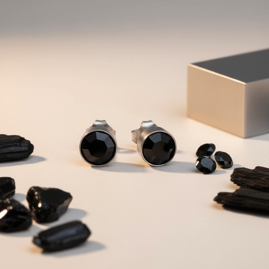 Aramat Jewels zilverkleurige oorstekers met 8mm zwart kristal, gemaakt van roestvrij staal.