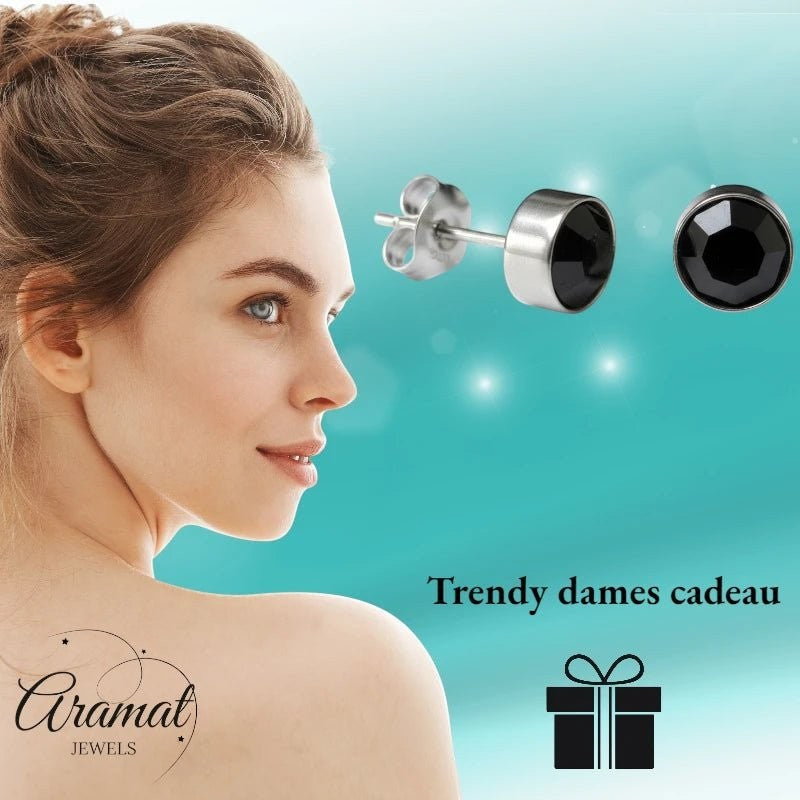 Aramat Jewels zilverkleurige oorstekers met 8mm zwart kristal, gemaakt van roestvrij staal.