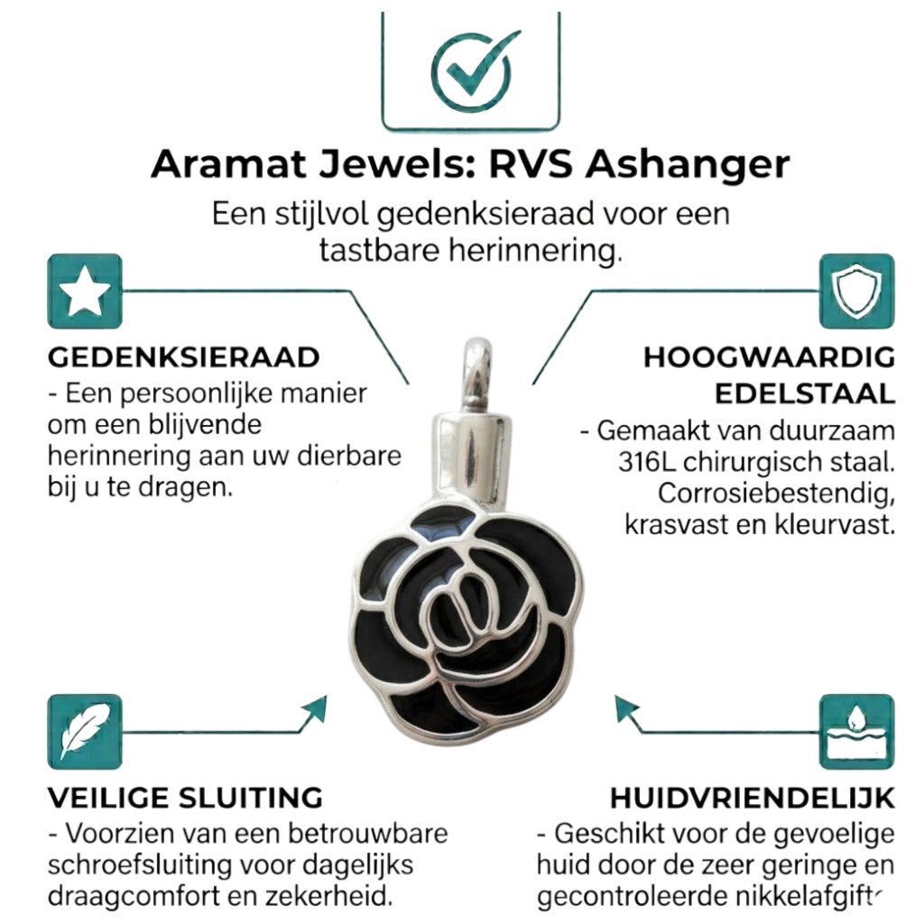 Aramat Jewels zilverkleurige roos ashanger van roestvrij staal met zwarte details. Gedenksieraad met schroefsluiting.