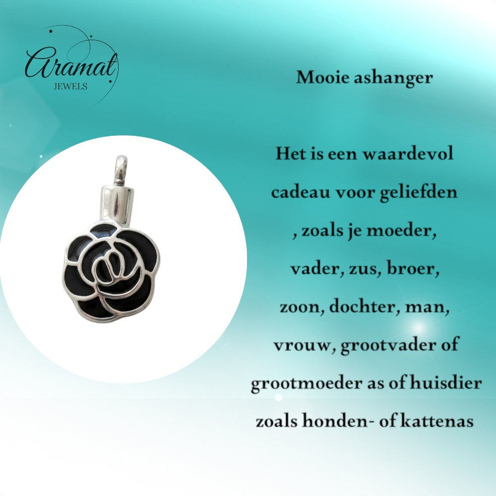 Aramat Jewels zilverkleurige roos ashanger van roestvrij staal met zwarte details. Een urnhanger met schroefsluiting.