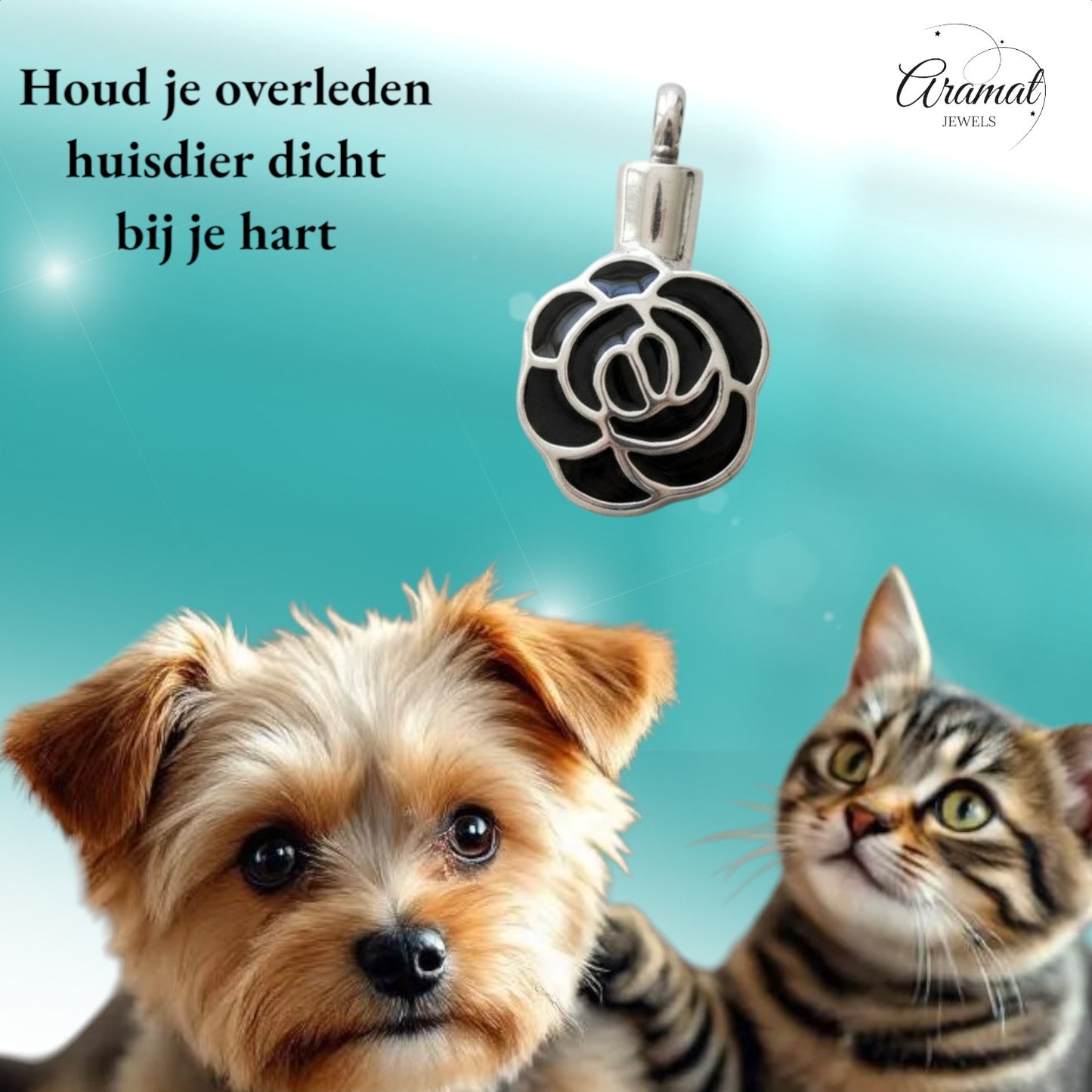 Aramat Jewels zilverkleurige roos ashanger van roestvrij staal met zwarte details. Sluit met schroef.