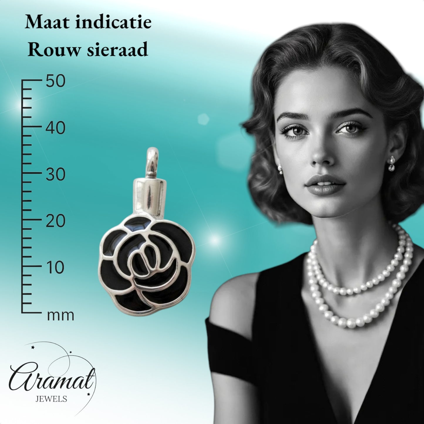 Aramat Jewels zilverkleurige roos ashanger van roestvrij staal met zwarte details. Een urnhanger met schroefsluiting.