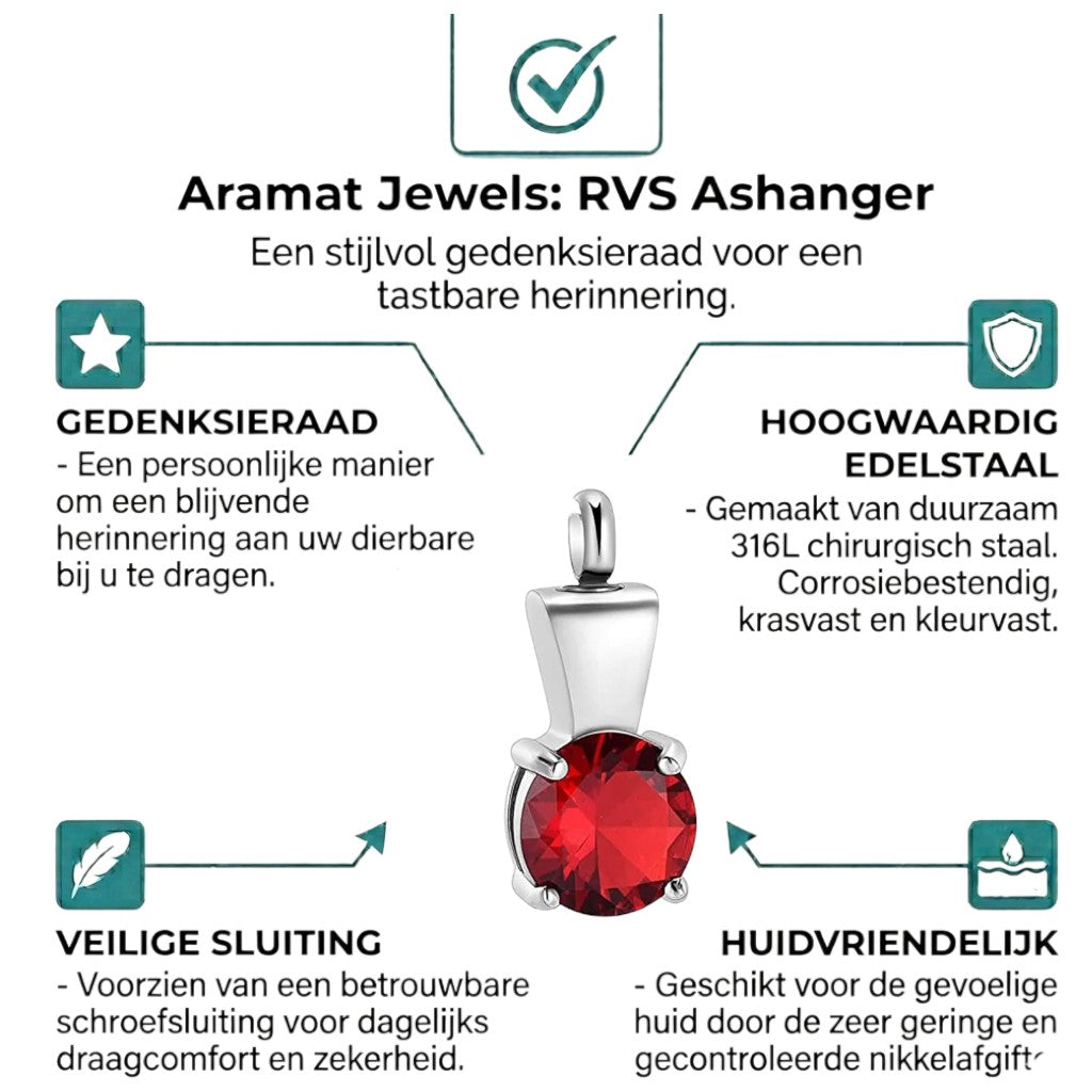 Aramat Jewels zilverkleurige RVS ashanger met rode zirkonia, 28x12mm, waterbestendig gedenksieraad.