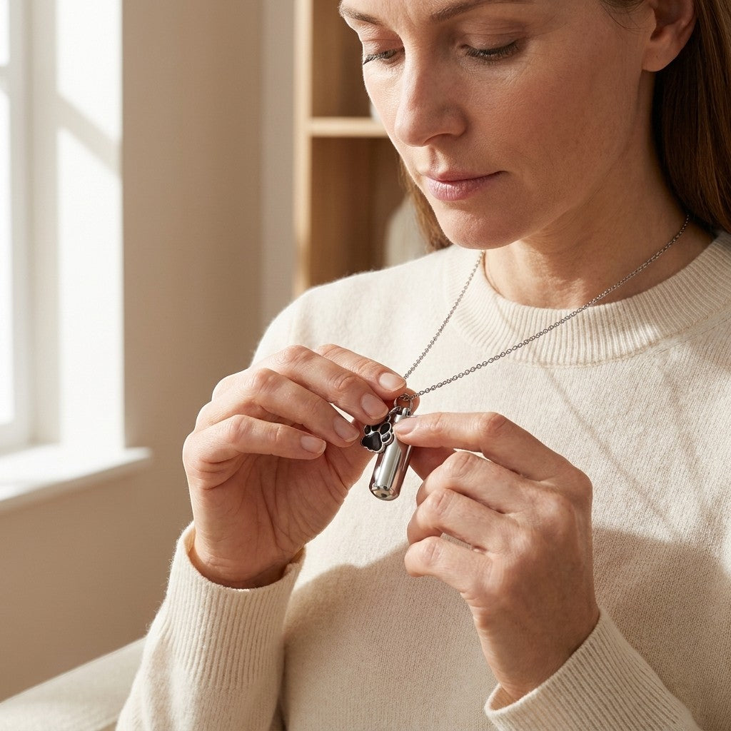 Aramat Jewels zilverkleurige RVS buis ashanger met pootje, een gedenksieraad voor huisdieren.