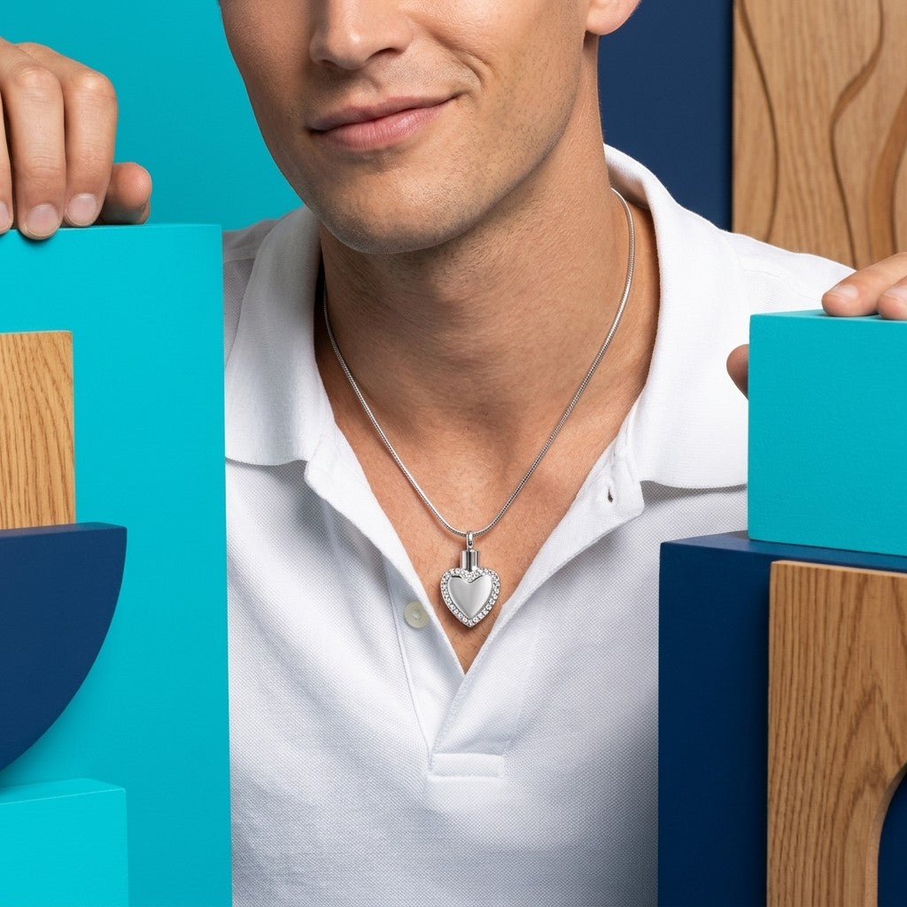 Aramat Jewels® zilverkleurige stalen hartvormige ashanger met kristallen, gedragen door een man.