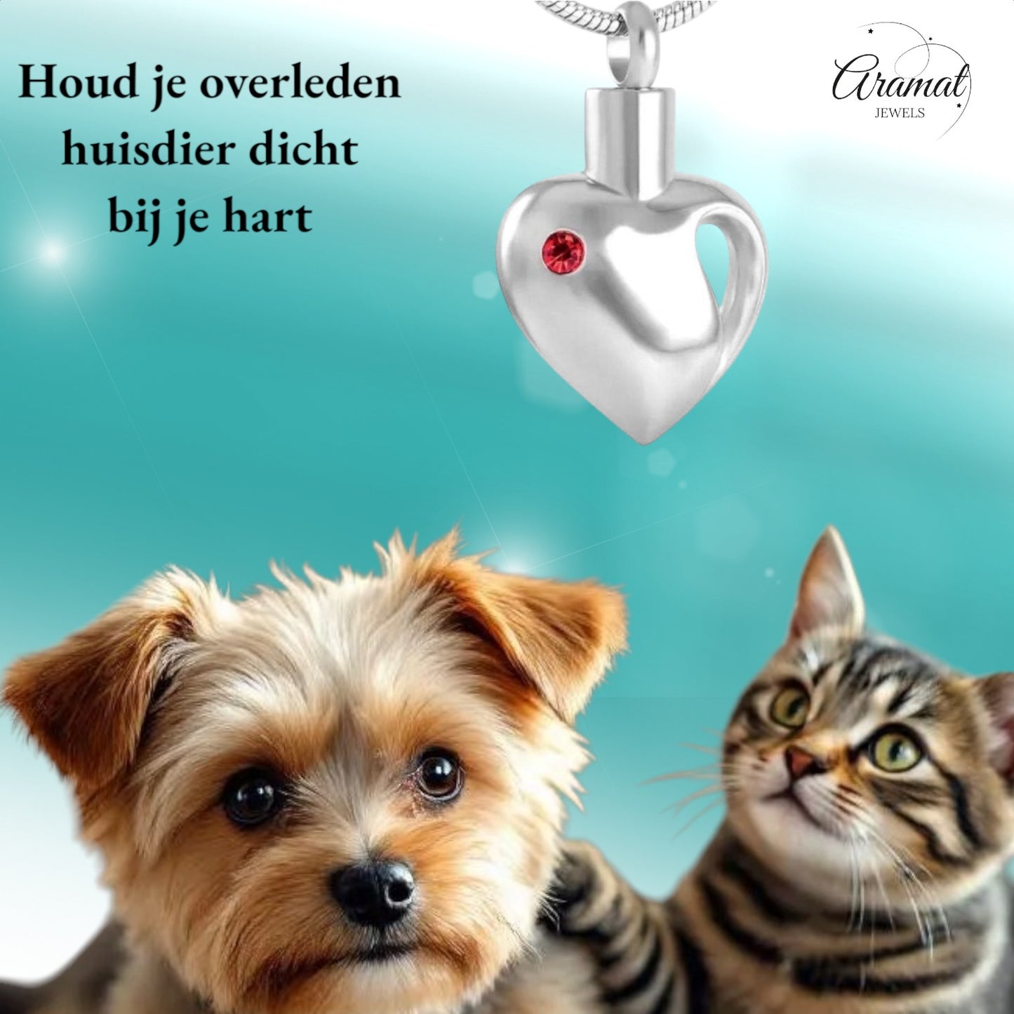 Aramat Jewels zilverkleurige stalen ashanger in hartvorm met rode zirkonia, waterbestendig.