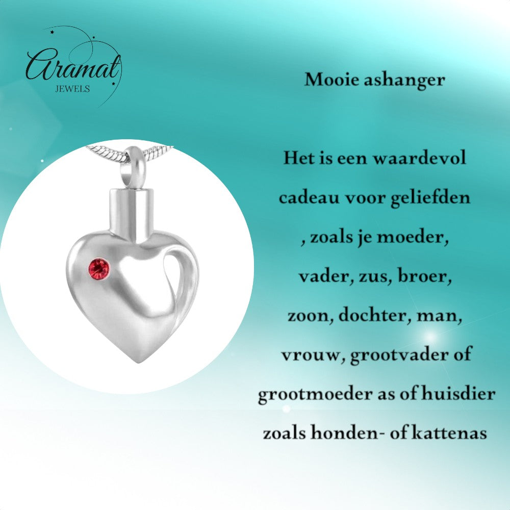 Aramat Jewels zilverkleurige stalen ashanger in hartvorm met rode zirkonia, waterbestendig.