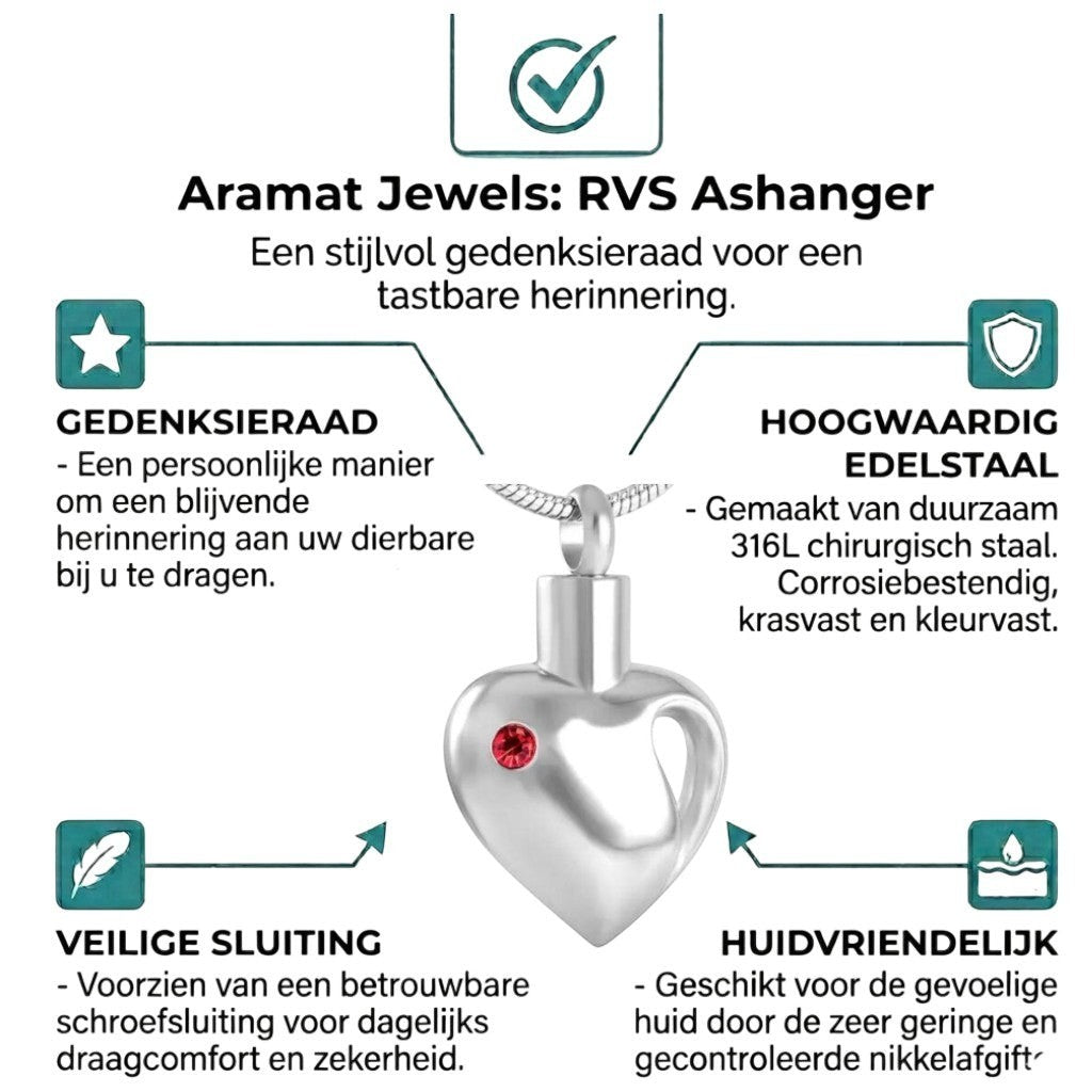 Aramat Jewels zilverkleurige stalen ashanger in hartvorm met rode zirkonia, waterbestendig.