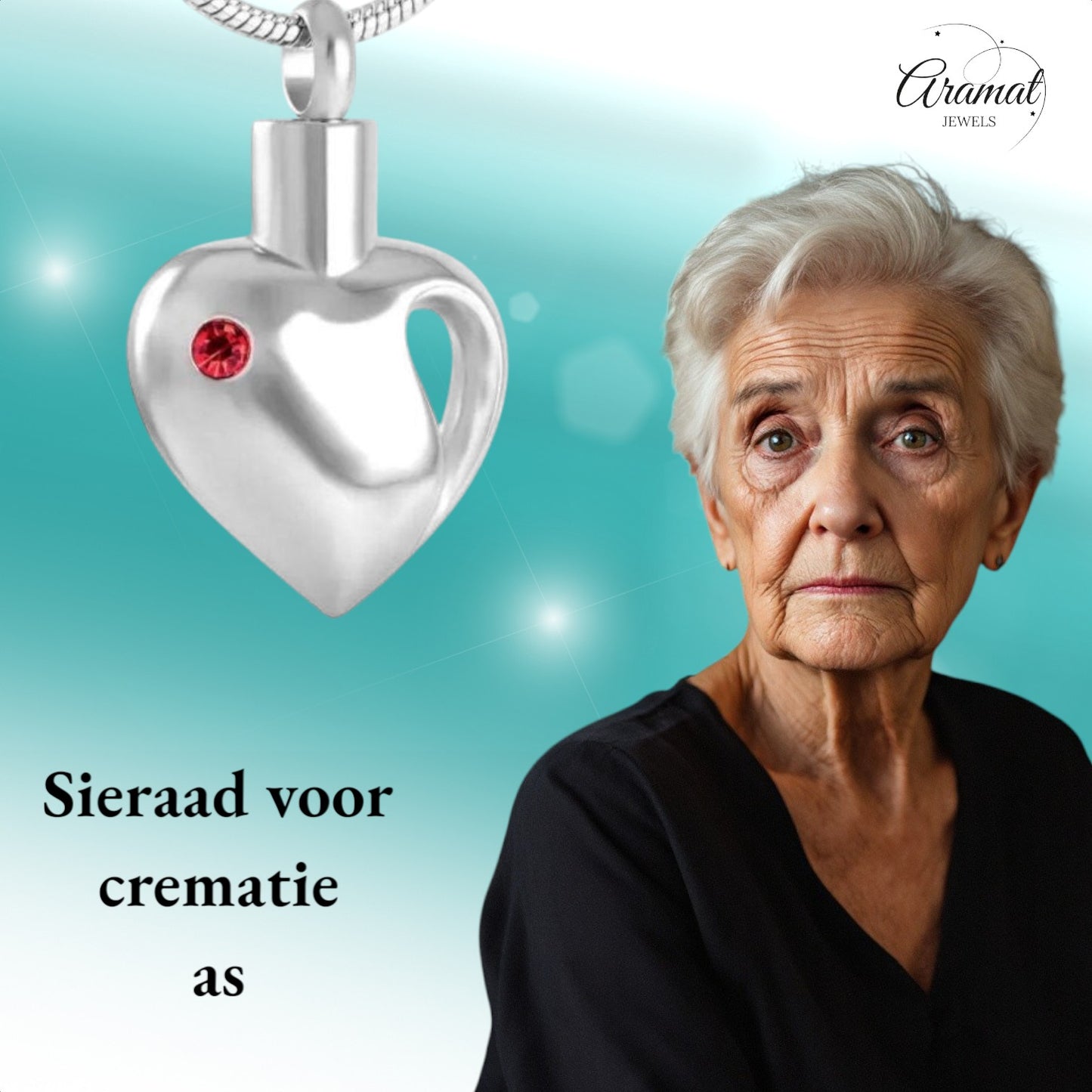 Aramat Jewels zilverkleurige stalen ashanger in hartvorm met rode zirkonia, waterbestendig gedenksieraad.