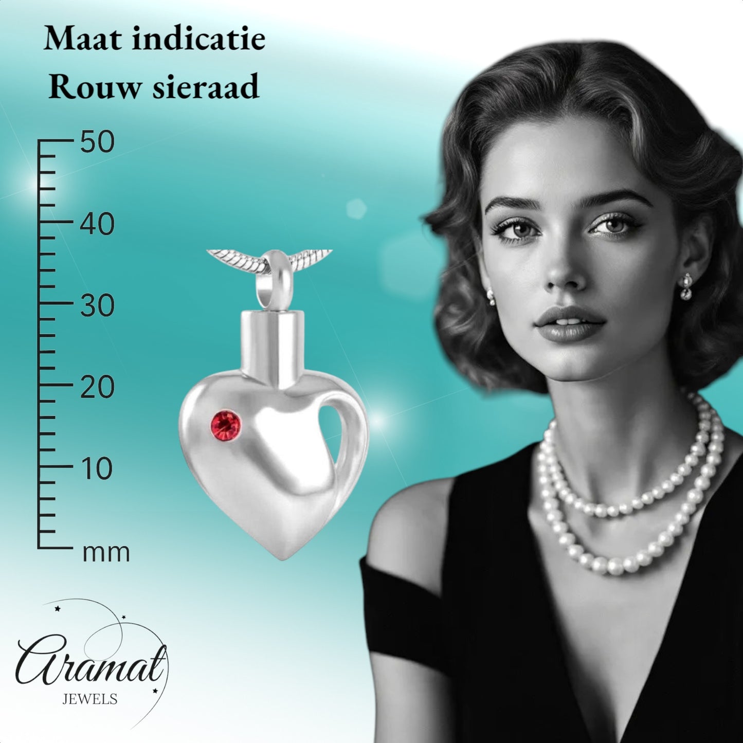 Aramat Jewels zilverkleurige stalen ashanger in hartvorm met rode zirkonia, waterbestendig gedenksieraad.