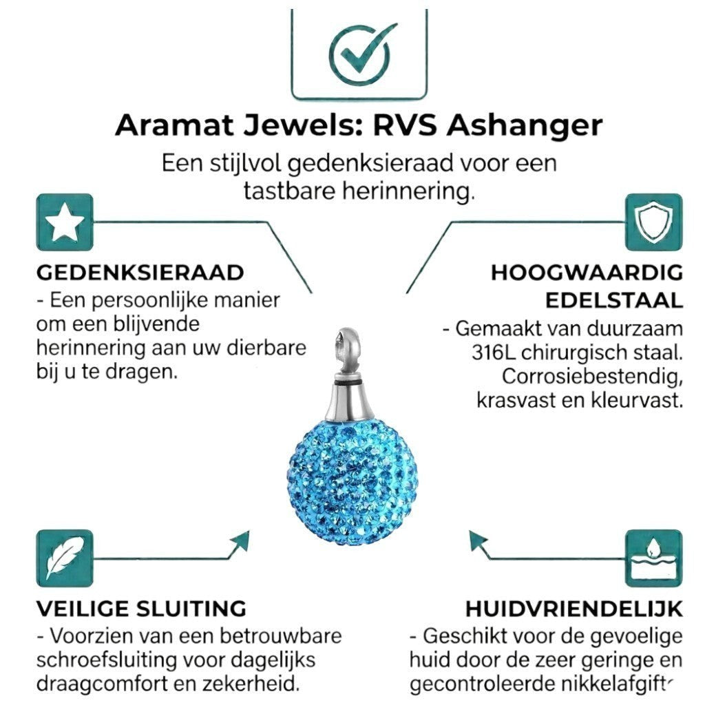 Aramat Jewels zilverkleurige stalen bolvormige ashanger met schroefsluiting, versierd met blauwe kristallen.