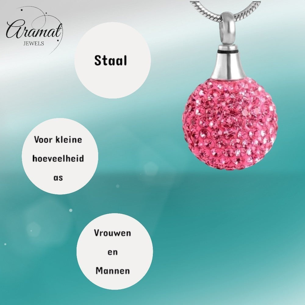 Aramat Jewels® zilverkleurige stalen bolvormige ashanger met roze kristallen, zonder ketting.