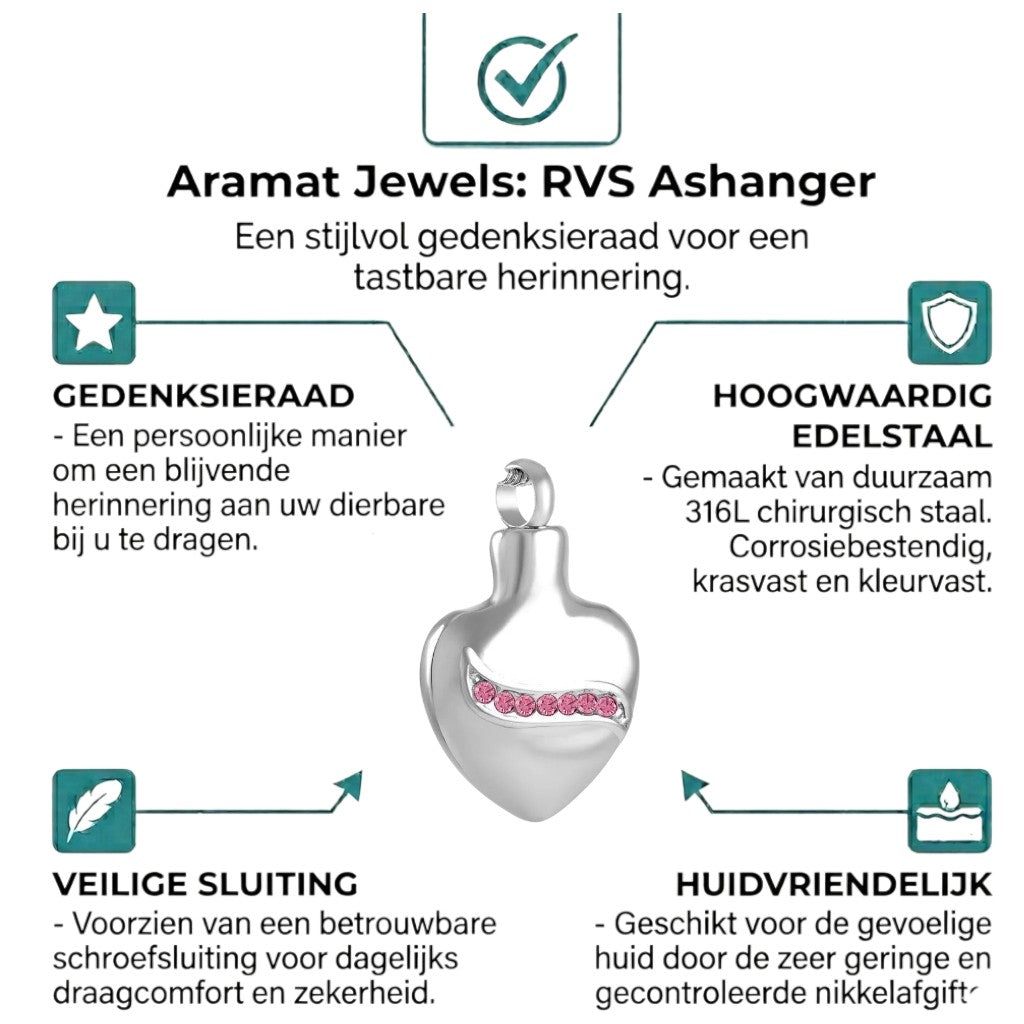 Aramat Jewels zilverkleurige stalen hart ashanger met een lijn van roze zirkonia's, 32mm.