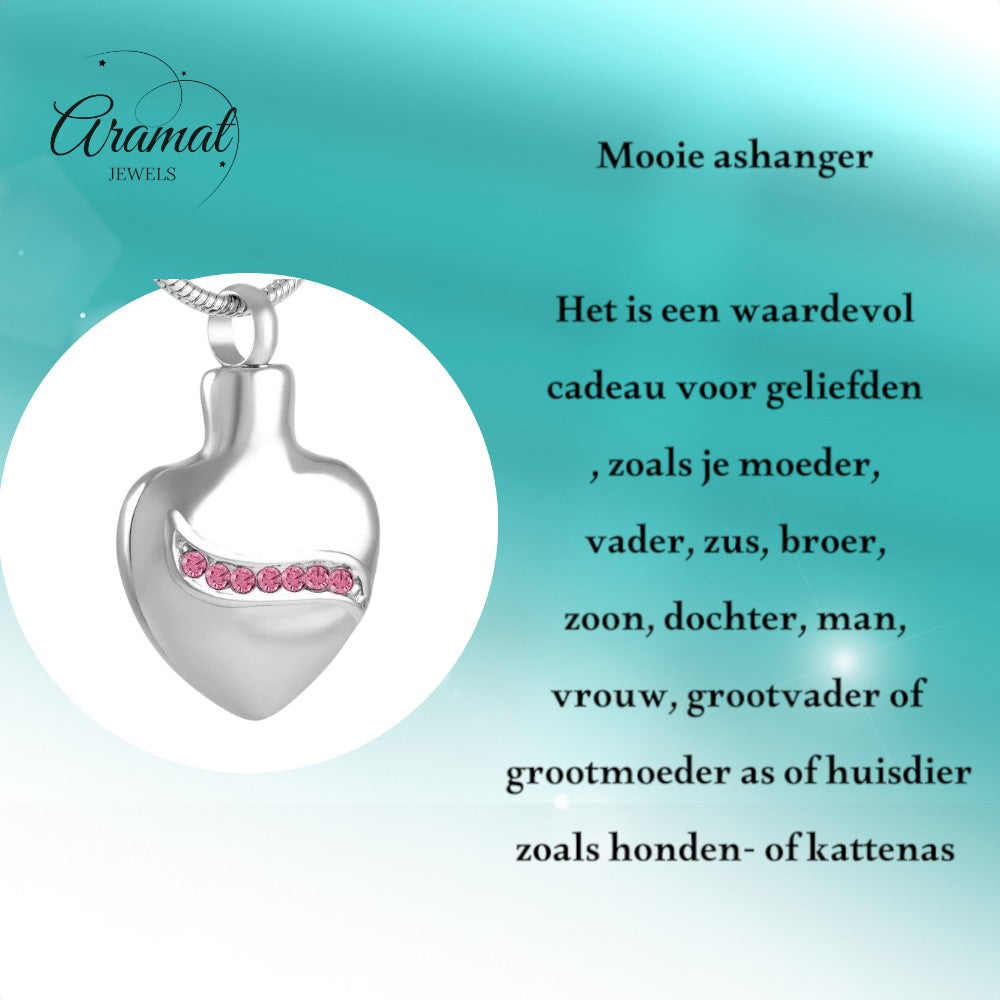 Aramat Jewels zilverkleurige stalen hartvormige ashanger met een lijn van roze zirkonia's, 32mm