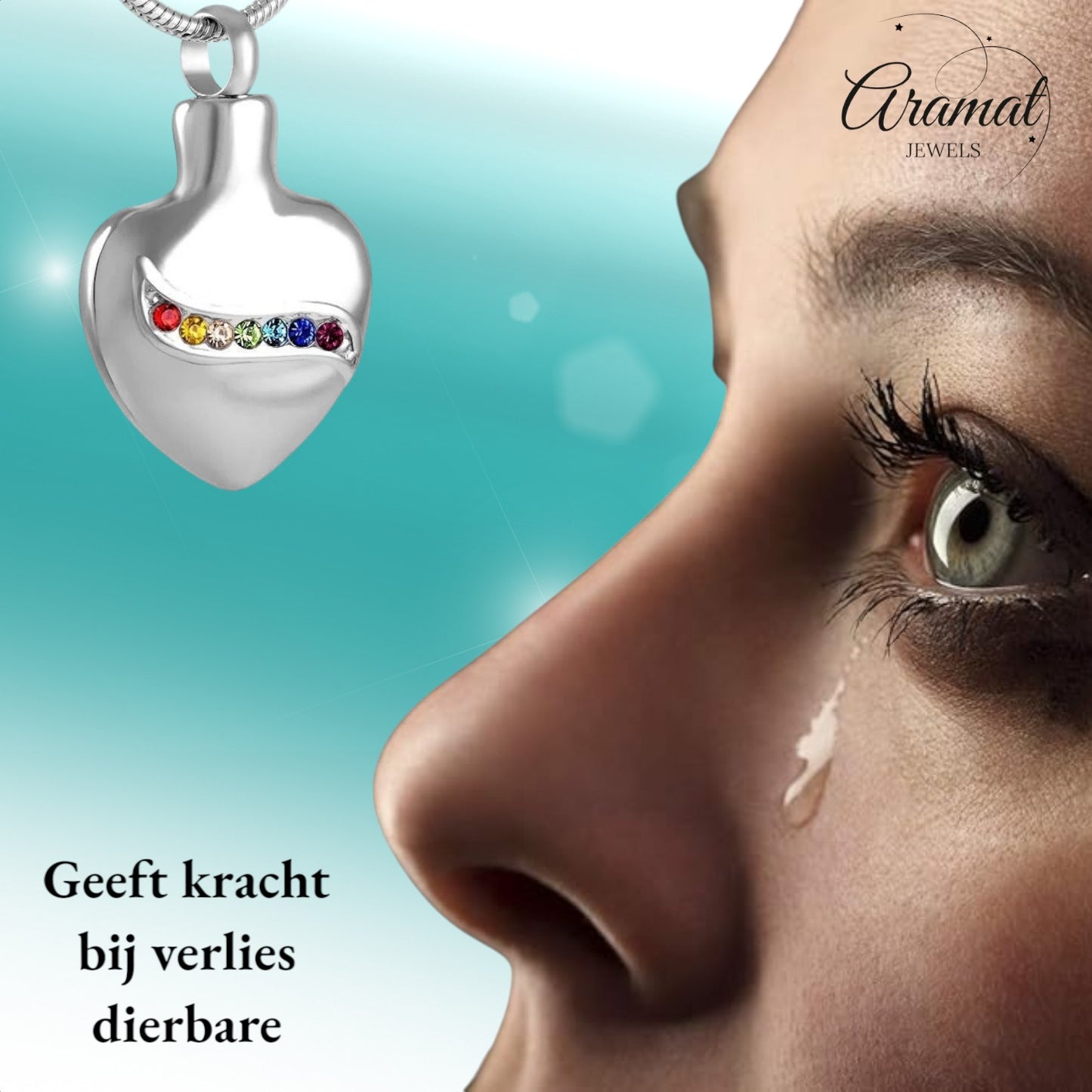 Aramat Jewels zilverkleurige stalen hartvormige ashanger met regenboogkleurige zirkonia's, 32mm.