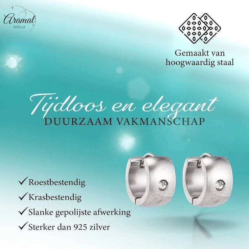 Aramat Jewels silver-colored wide stainless steel hoop earrings with a clear zirconia stone, timeless and elegant design.