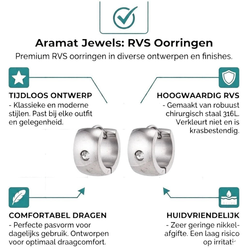 Aramat Jewels silver-colored wide stainless steel hoop earrings with a clear cubic zirconia stone. Unisex design, 13mm diameter, 7mm width.