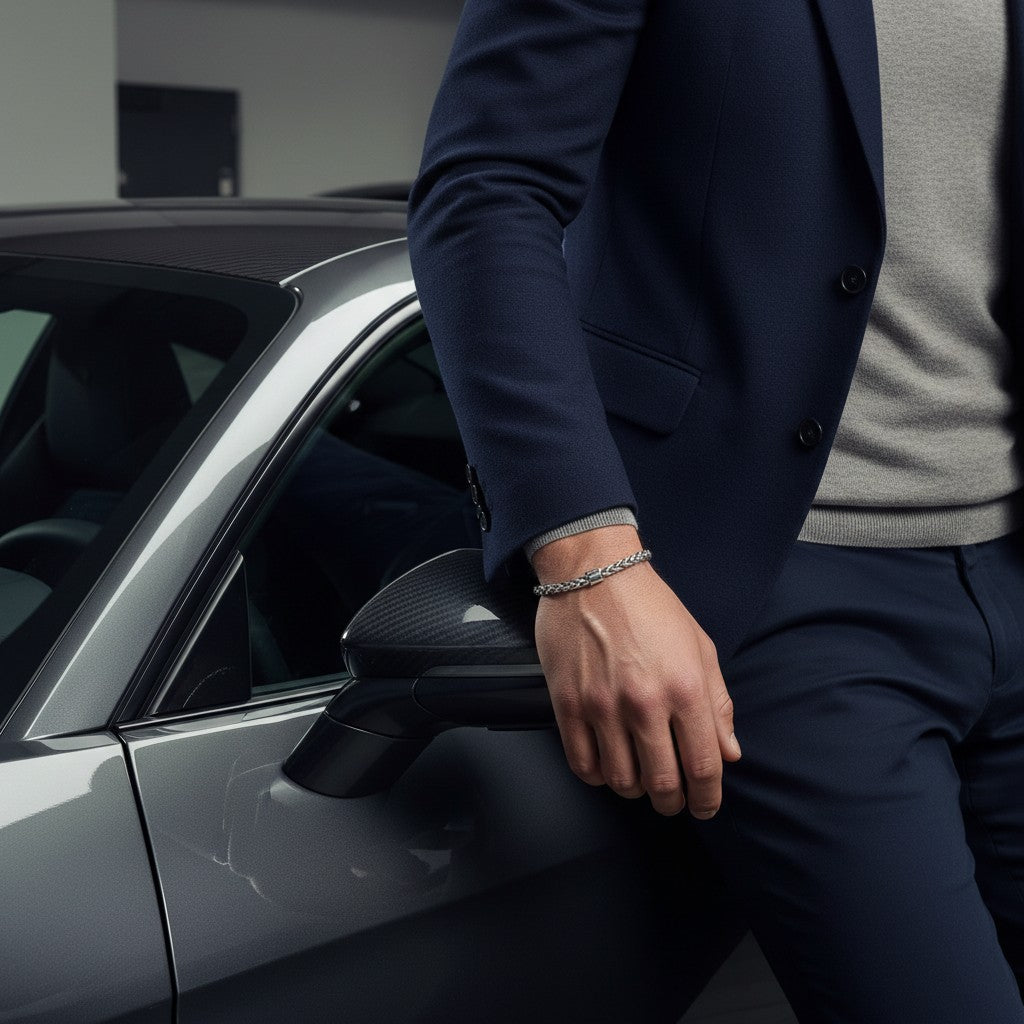 Aramat Jewels zilverkleurige RVS vossenstaart armband gedragen door een man in een blauw colbert bij een luxe auto.