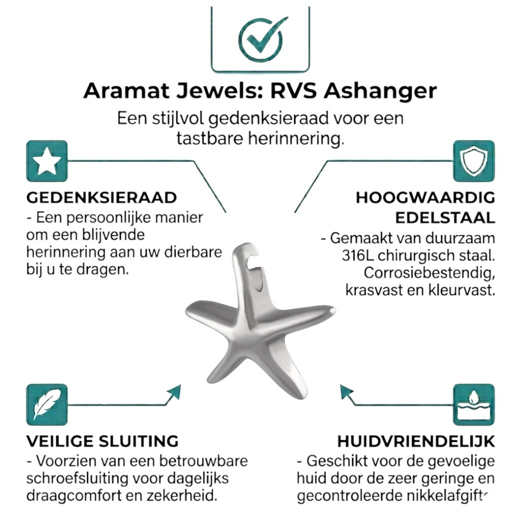 Aramat Jewels zilverkleurige zeester ashanger van roestvrij staal met schroefsluiting. Symbool voor de zee en vrijheid.