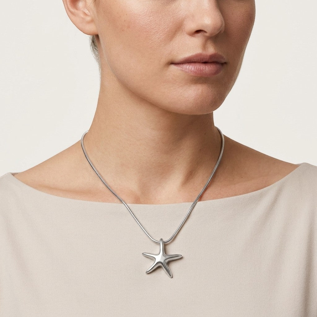 Aramat Jewels zilverkleurige zeester ashanger van roestvrij staal met schroefsluiting, zonder ketting.