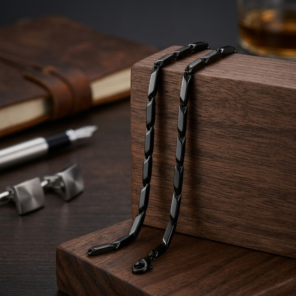 Aramat Jewels zwarte bamboo schakelketting van roestvrij staal met een strak en minimalistisch ontwerp.